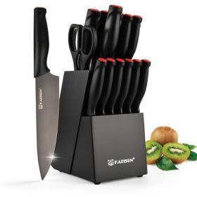 15-Piece Knife Set, High Carbon Stainless Steel Imported From Germany, Beveled Mercerized Blade, Black Titanium Stainless Steel Knives Block Set (Option: Black-15Pieces)